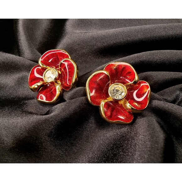 Rare Find Vintage 1980's Christian DIOR Red Pansy Flower Clip On Earrings - Picture 1 of 4